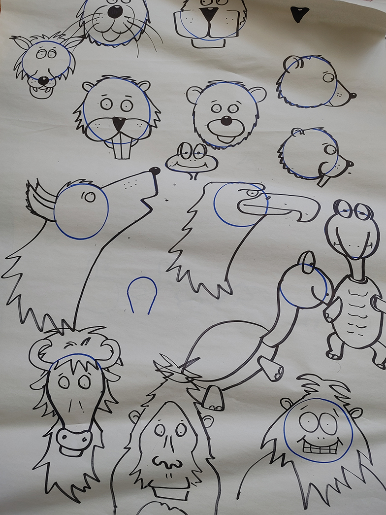 A few drawings of cartoon animals