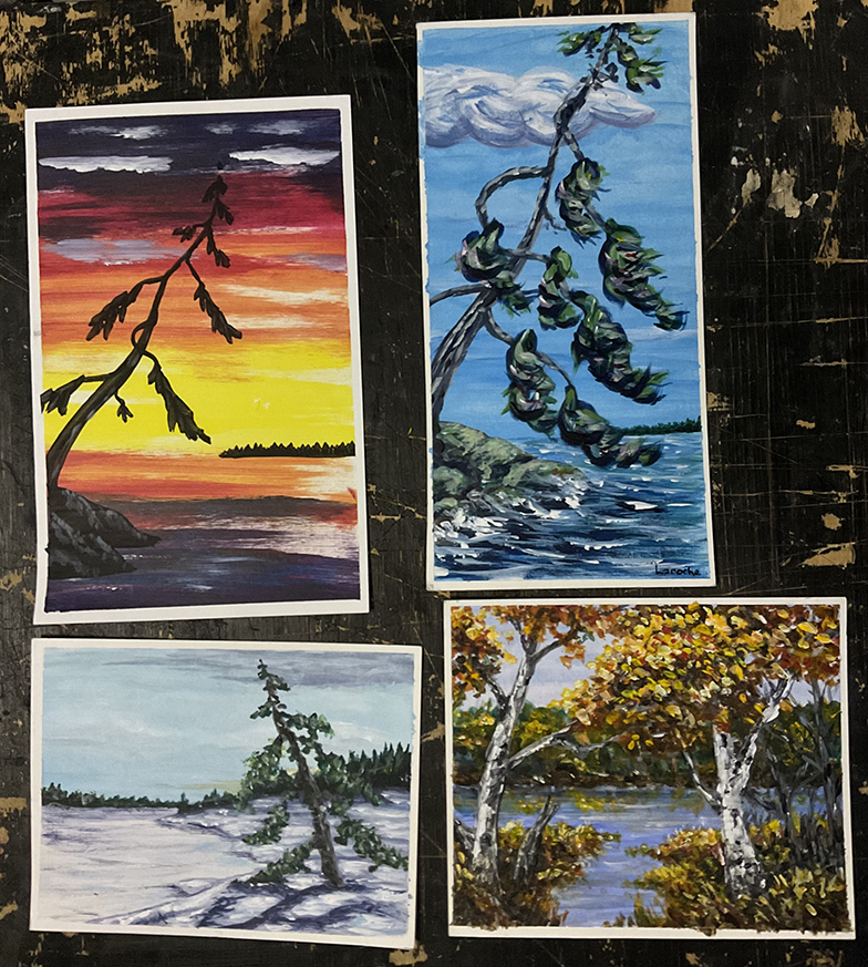 4 watercolor paintings of trees and forests