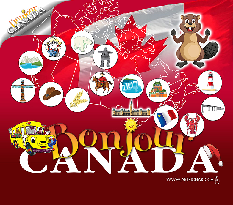 A map of canada with icons for Wheat, Lobster and an inukshuk on top of it 