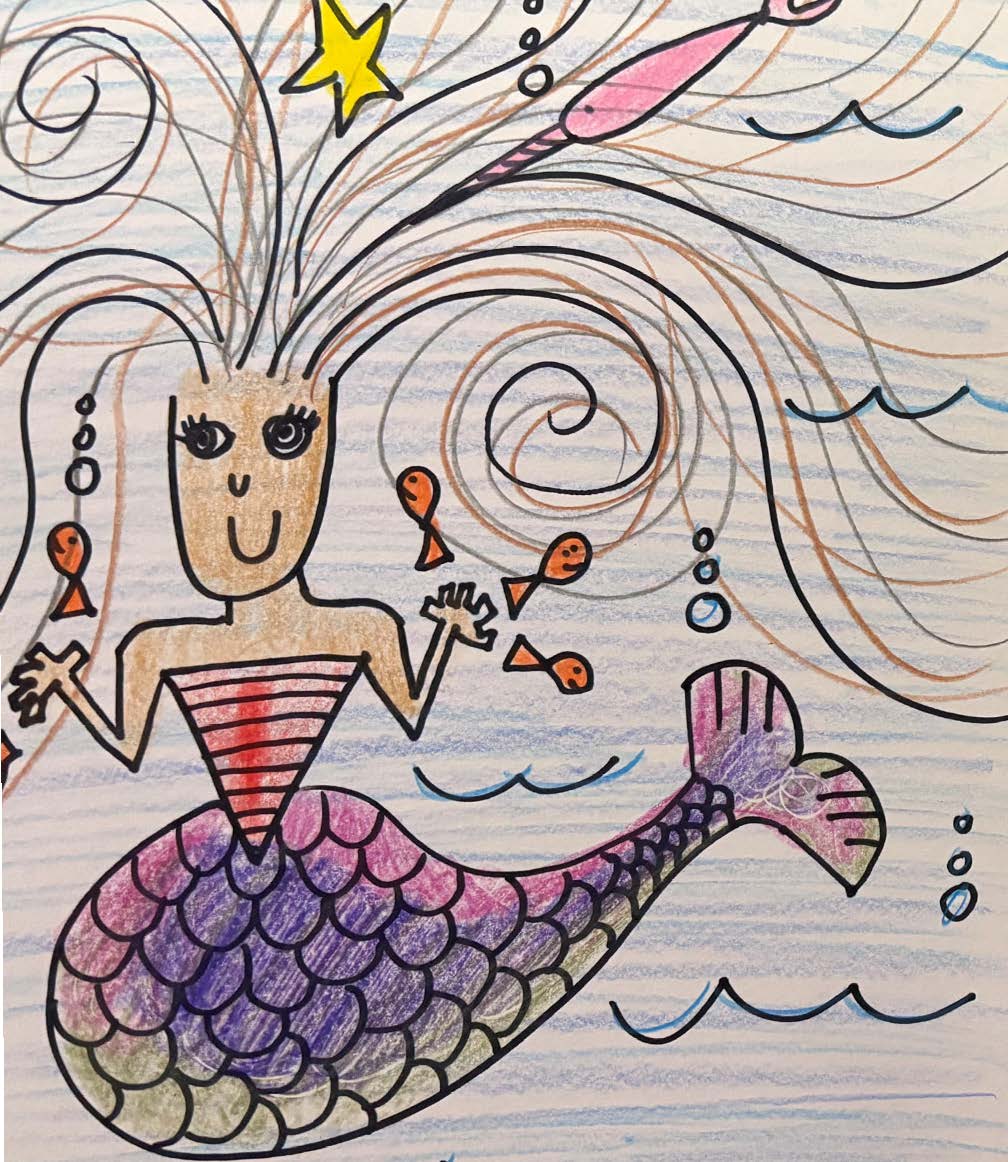 A student's drawing of a mermaid with long flowing hair