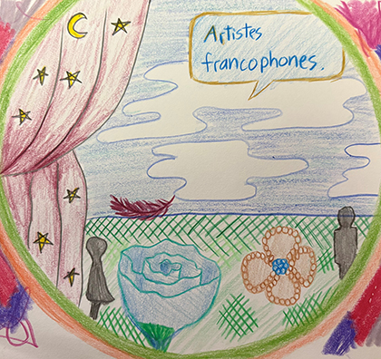 a student's drawing of a field through a circular window