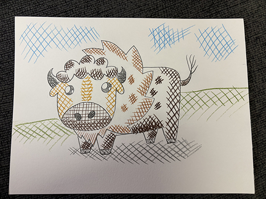 a drawing of a buffalo in a field